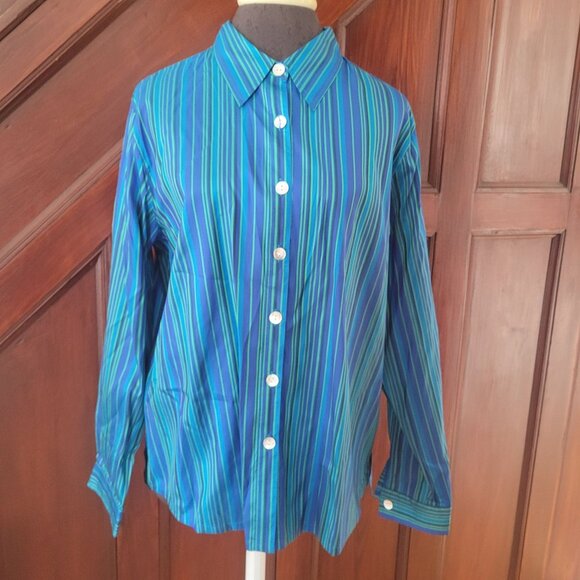Coldwater Creek Womens Blue & Green Striped 100% Silk Long Sleeve Button-Up Shir - Picture 1 of 4